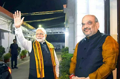 Prime Minister Narendra Modi and BJP president Amit Shah at the party's Central Election Committee meeting for the Gujarat assembly elections in Delhi. Credit: Twitter/BJP4Gujarat