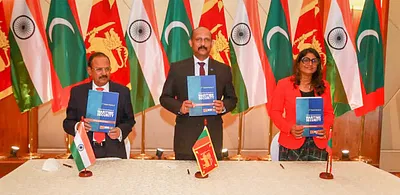 NSA Ajit Doval, Sri Lankan Defence Secretary Major General (Retd) Kamal Gunaratne and Maldives Foreign Minister Mariya Didi during the signing of minutes after a trilateral meeting on maritime security cooperation between the nations. Photo: PTI